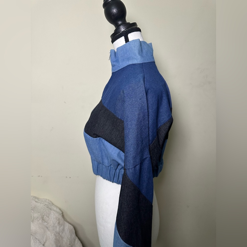 Stylish Blue and Black Women's Cropped Jacket faux denim - Picture 6 of 8